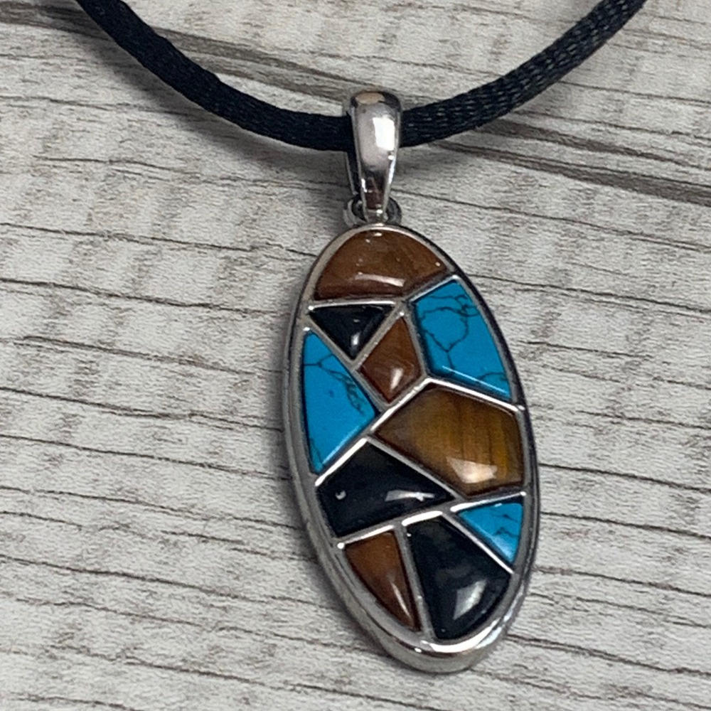Lia Sophia Mosaic Pendant Necklace Silver Tone Turquoise Tigers Eye Cord 30"
